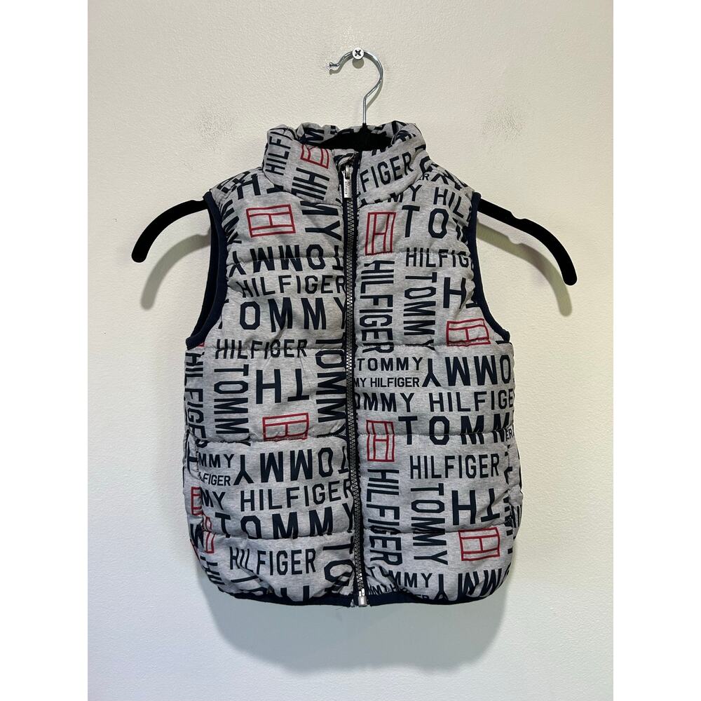 Tommy Hilfiger kids puffer vest size 3T full zip allover logo grey blue